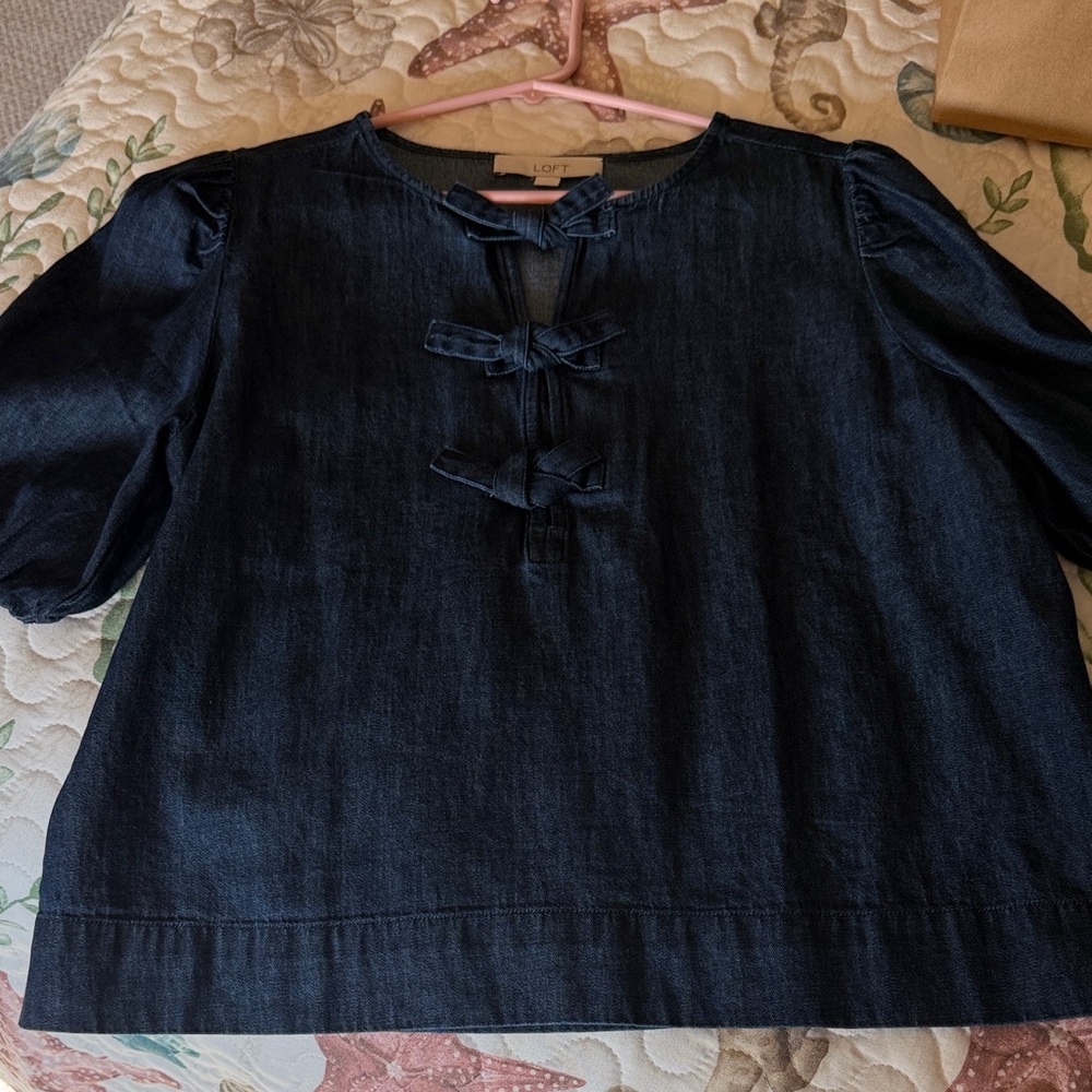 LOFT Dark Denim Tie-Front Blouse. Med